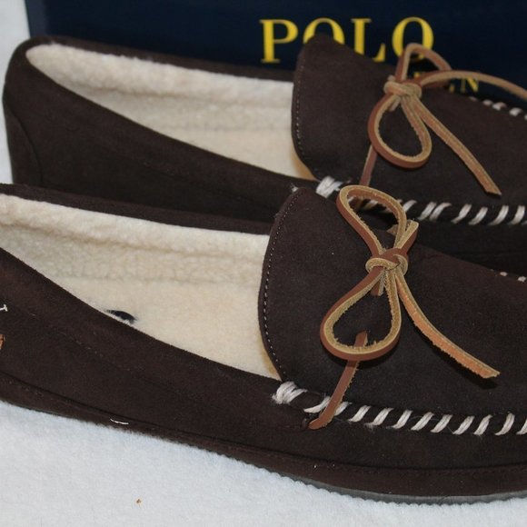 POLO RALPH LAUREN MEN'S MICROSUEDE SLIPPERS BROWN - Picture 3 of 7